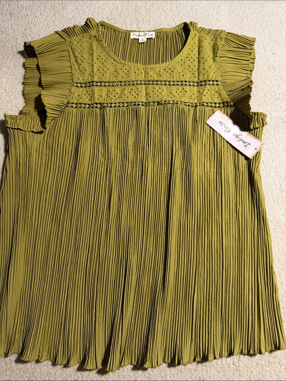 Pleated Olive Green Sleeveless Blouse with Eyelet Yoke